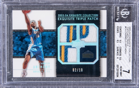 2003-04 UD "Exquisite Collection" Patches Triple #CA Carmelo Anthony Game Used Patch Rookie Card (#02/10) - BGS NM 7